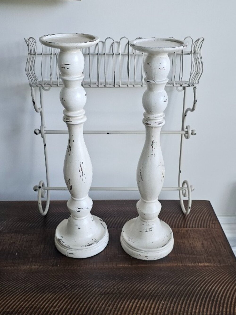 3 Pcs: 2 Distressed Weathered Wood Pillar Candle Holders, Shelf Wall Rack Towel